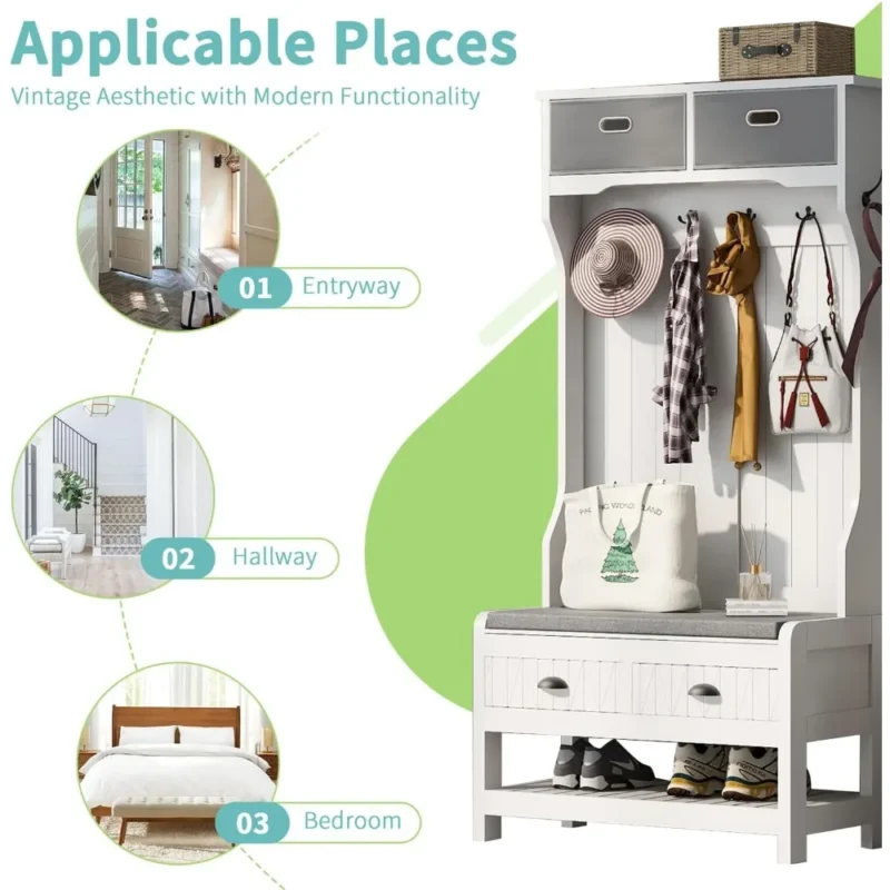 Rustic Hall Tree with Metal Hooks and Storage Drawers for Entryway Organization - Image 3