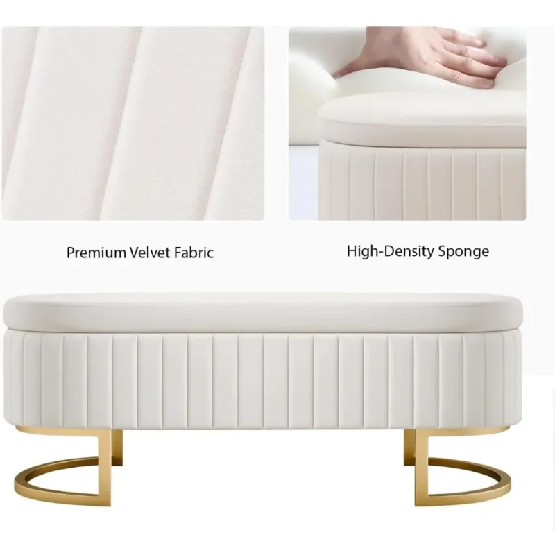 Modern Velvet Upholstered Storage Bench with Gold Legs for Entryway and Living Room - Image 4