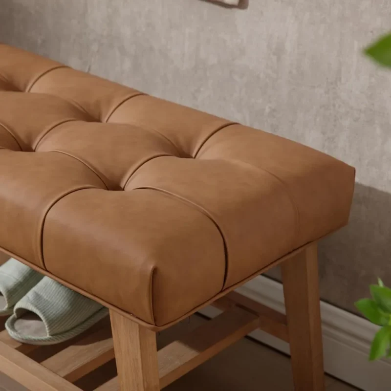 Modern Brown Leather Upholstered Entryway Bench with Shoe Storage for Living Room and Bedroom - Image 5