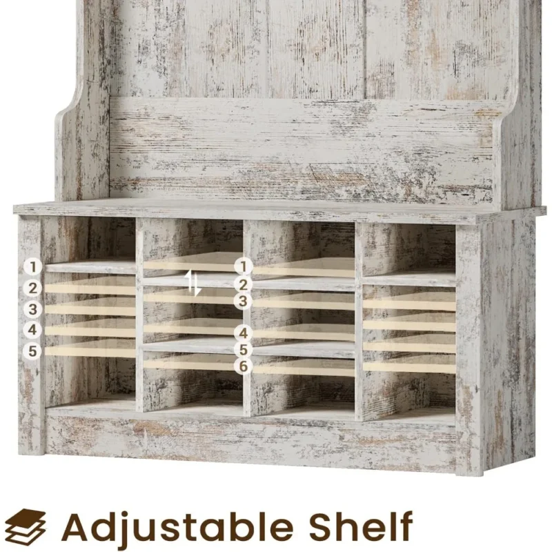 Vintage White Hall Tree Storage Bench with Adjustable Shoe Rack for Entryway Organization - Image 5