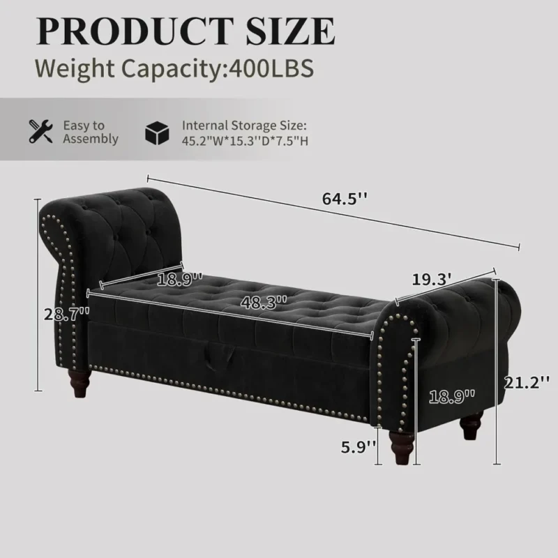 Modern Velvet Storage Ottoman Bench with Rolled Arms for Entryway and Bedroom - Image 2
