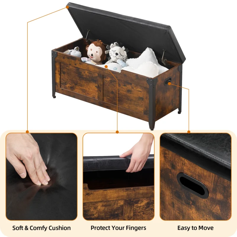 Industrial Wood Entryway Storage Bench with Cushion and Metal Frame - Image 6