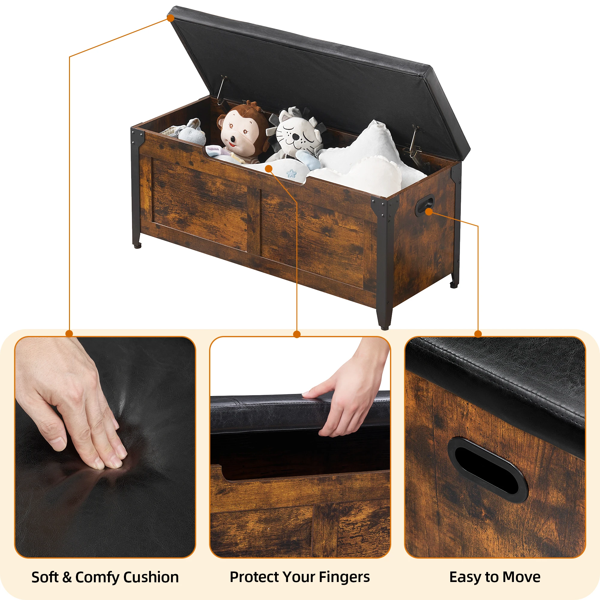 Industrial style hallway storage bench with cushion and metal frame