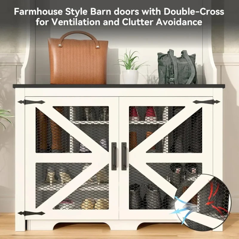 Farmhouse Hall Tree with Shoe Storage and Coat Hooks for Entryway and Mudroom - Image 5