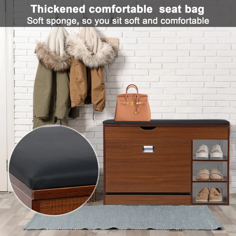 Modern Wooden Shoe Storage Bench with Cushion for Entryway and Hallway - Image 4