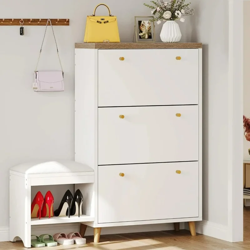 Modern Wooden Shoe Storage Cabinet with 3 Flip Drawers for Entryway Organization - Image 3