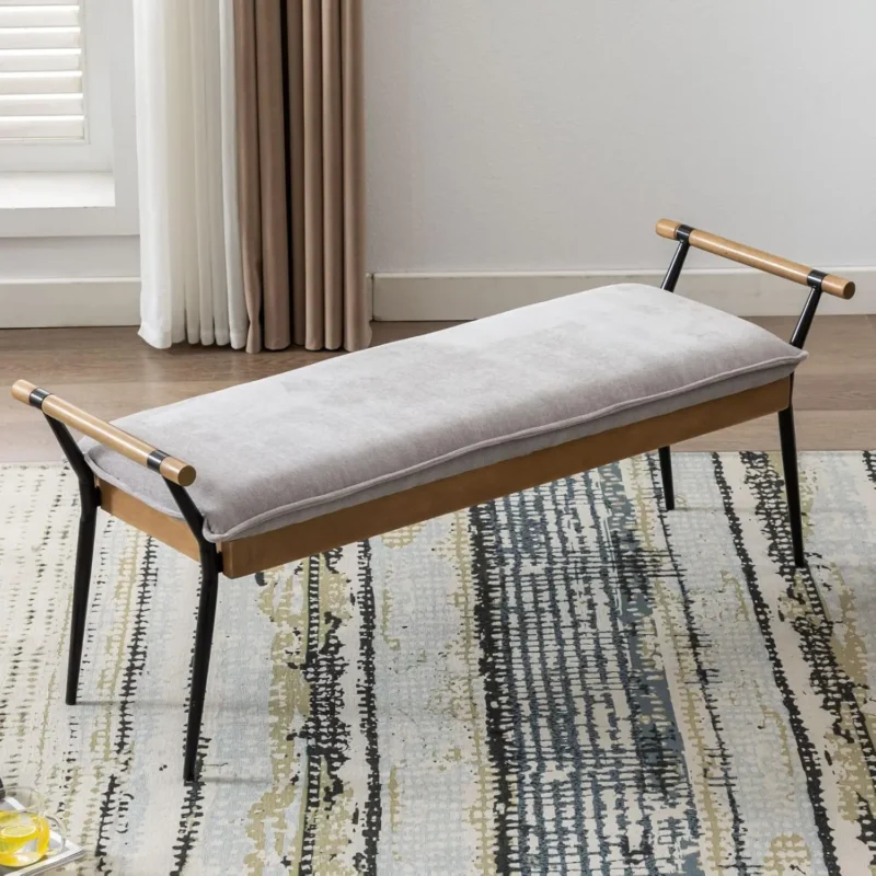 Modern Upholstered Chenille Entryway Bench with Arms for Bedroom and Living Room