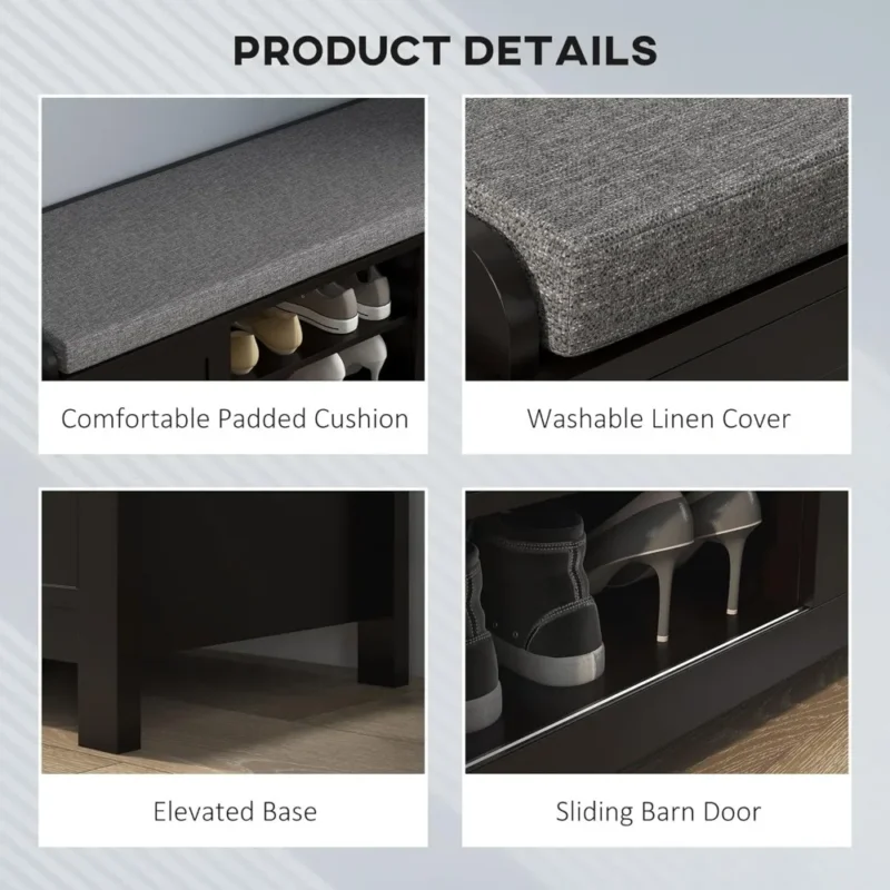 Modern Black Engineered Wood Entryway Bench with Sliding Door Shoe Storage for Hallway - Image 5
