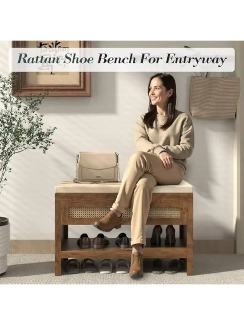 Farmhouse Rattan Entryway Bench with Cushion and Storage Drawer for Mudroom - Image 2