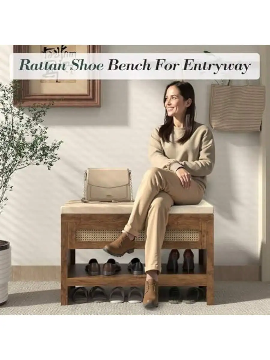 Farmhouse rattan entryway bench with cushion creating a cozy, welcoming entrance
