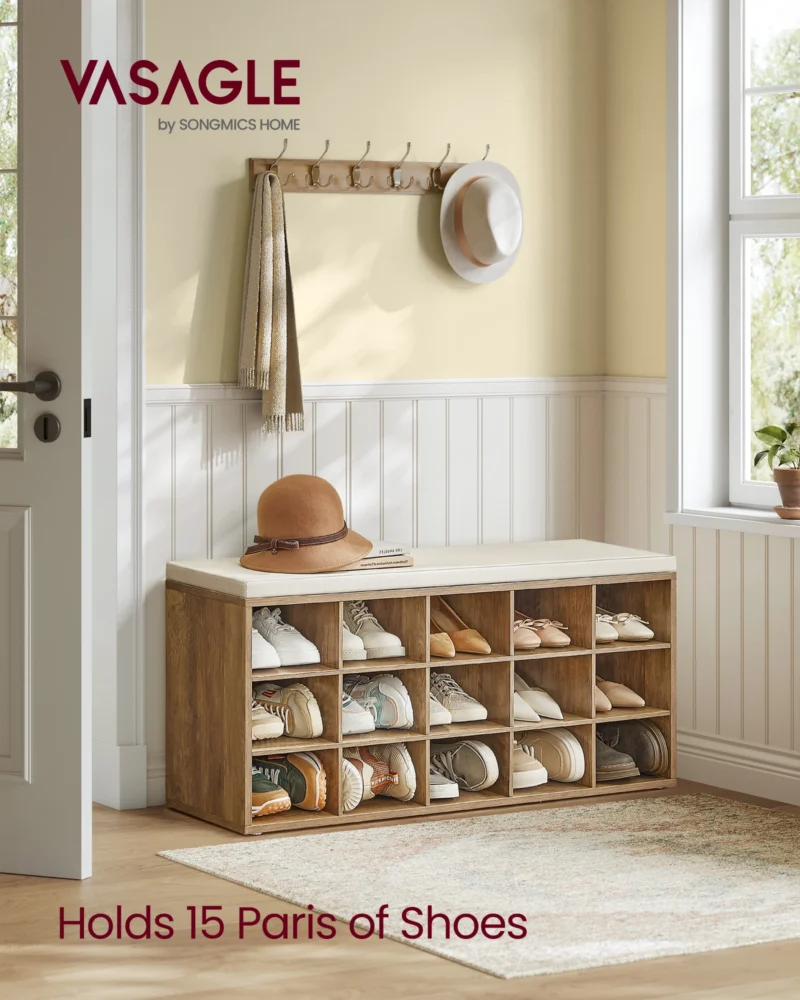 Modern Wooden Entryway Bench with Padded Seat and 15 Shoe Compartments - Image 2