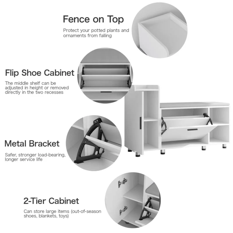 Modern Wooden Shoe Storage Bench with Padded Seat and Cabinet for Entryway - Image 4