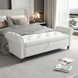 Elegant Tufted 63-Inch Upholstered Storage Bench with Rolled Arms for Bedroom Entryway