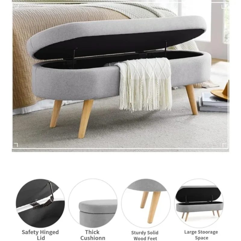 Modern Linen Upholstered Storage Bench with Wood Legs for Entryway and Living Room - Image 4