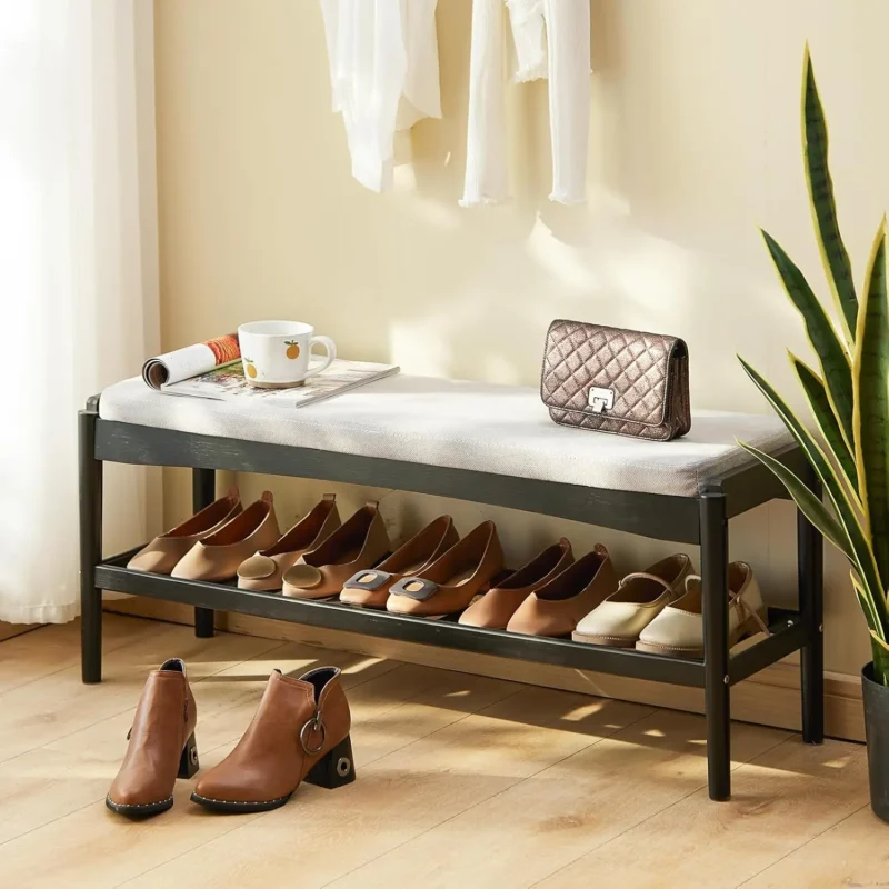 Natural Bamboo Entryway Bench with Cushioned Seat and 2-Tier Shoe Storage - Image 7