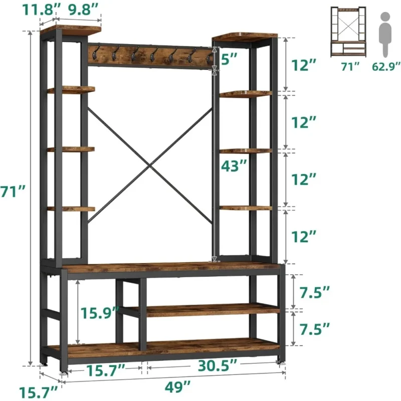Industrial Wood Hall Tree with Bench and Shoe Storage for Entryway - Image 3