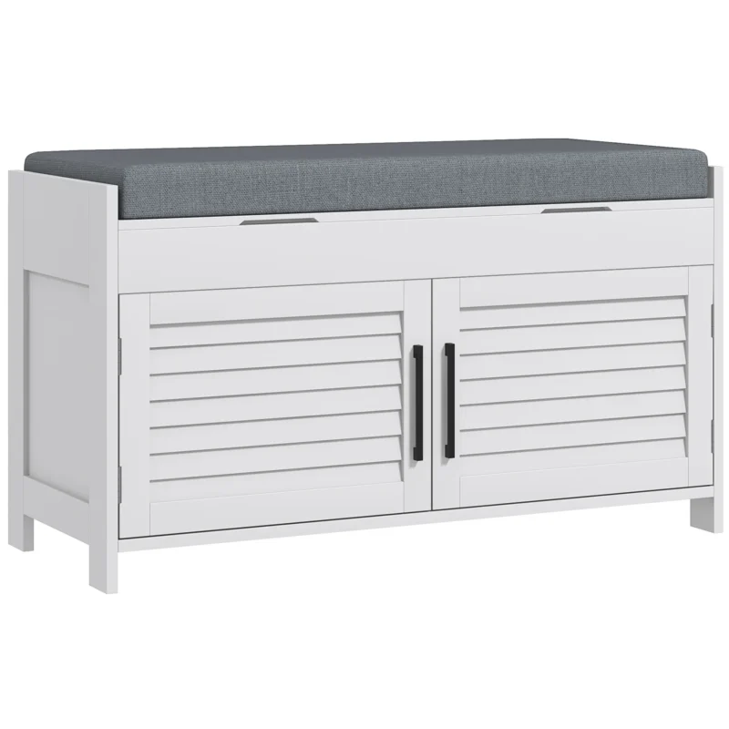 Modern White Wooden Entryway Bench with Hidden Storage and Cushioned Seat - Image 7