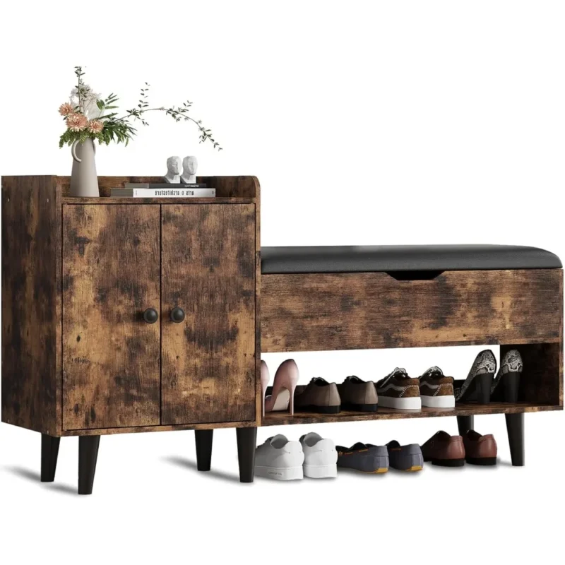 Modern Wooden Entryway Bench with Hidden Storage Cabinet and Shoe Shelf
