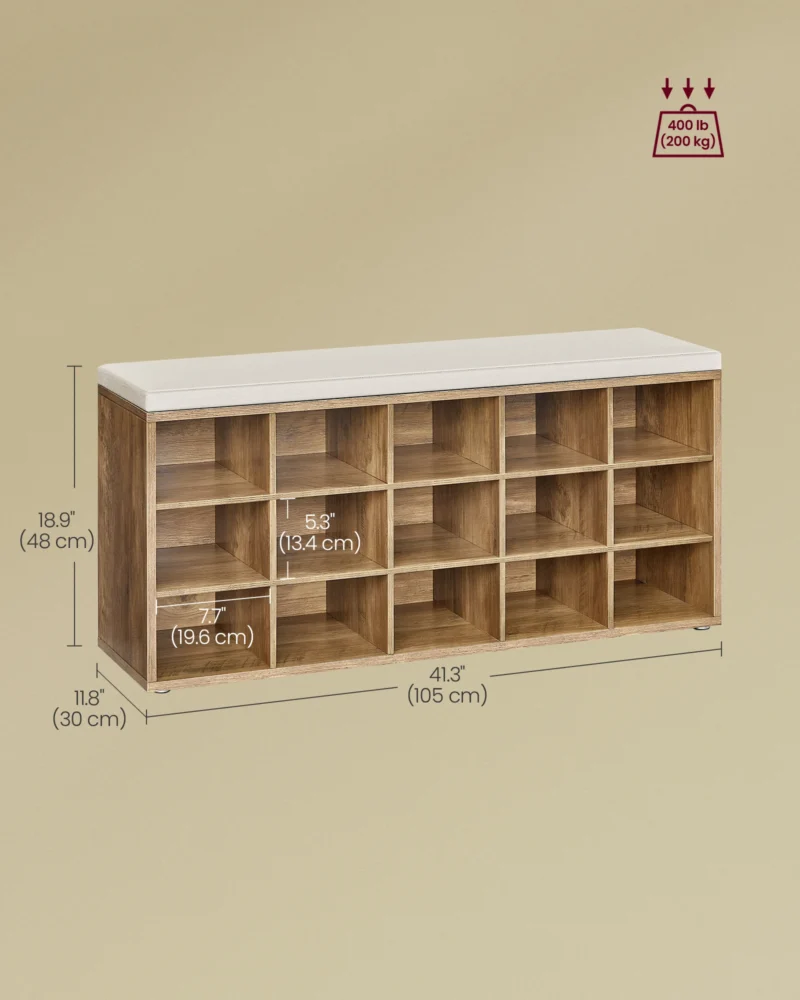 Modern Wooden Entryway Bench with Padded Seat and 15 Shoe Compartments - Image 6