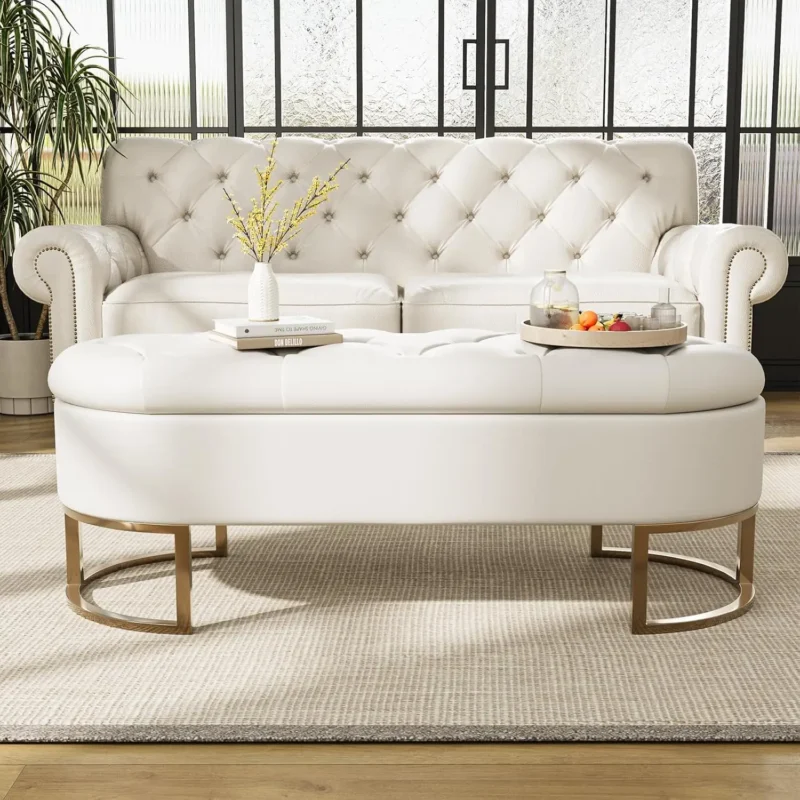 Modern Faux Leather Storage Ottoman Bench with Metal Legs for Entryway and Living Room - Image 4