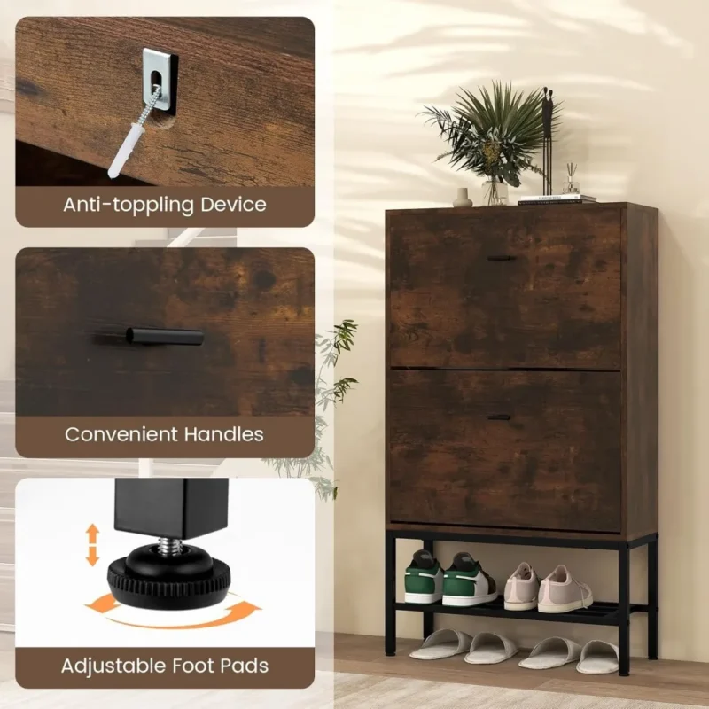 Rustic Wooden Shoe Storage Cabinet with 2 Flip Drawers for Entryway Organization - Image 5