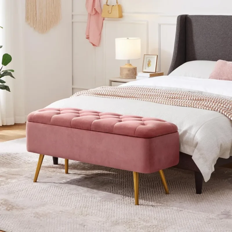 Luxurious Velvet Entryway Bench with Storage and Gold Legs for Living Room and Bedroom - Image 2