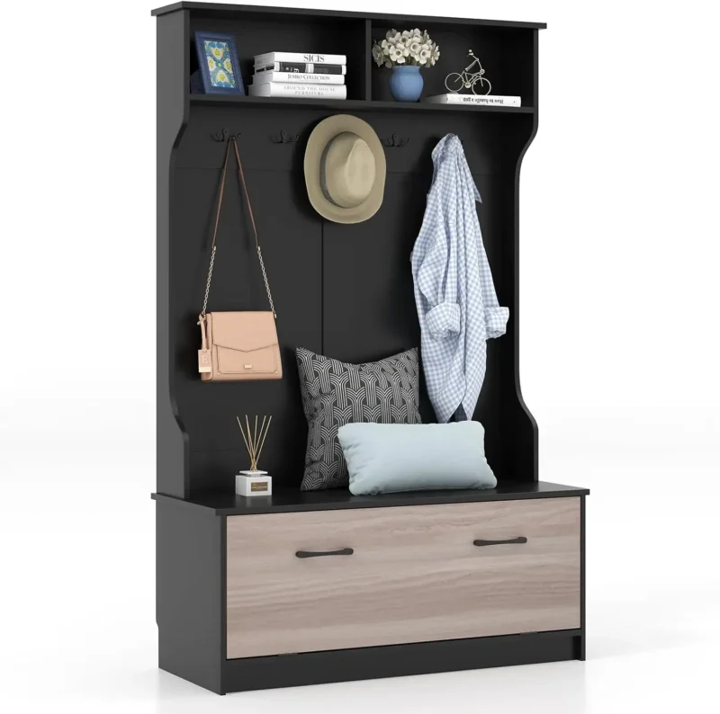 Rustic Wood Hall Tree with Storage Bench and 5 Double Hooks for Entryway - Image 7
