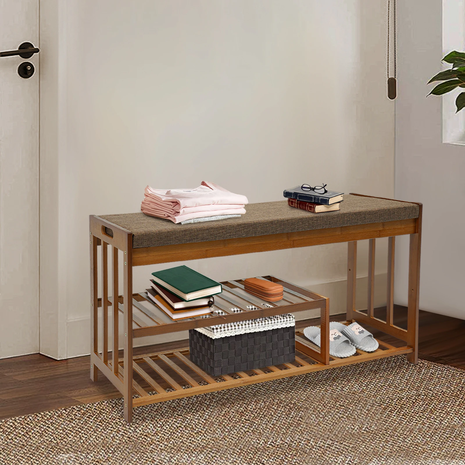Space-optimizing modern entry bench with drawers for small entryway organization