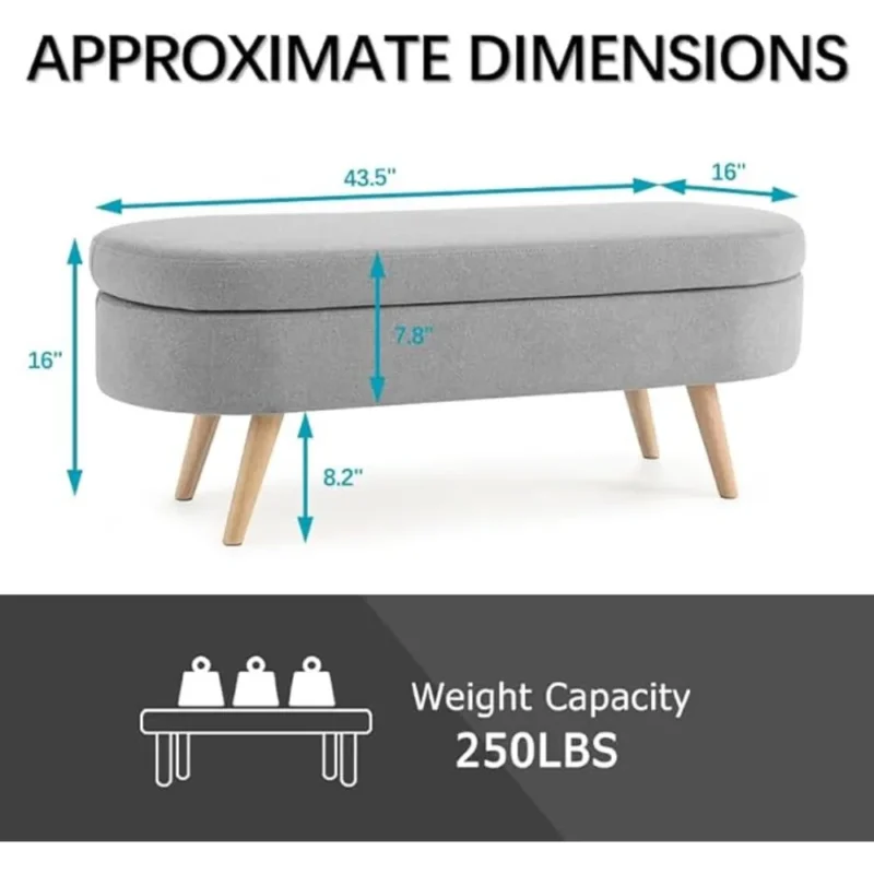 Modern Linen Upholstered Storage Bench with Wood Legs for Entryway and Living Room - Image 2