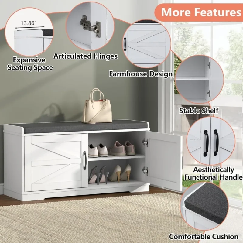 Farmhouse Wood Entryway Bench with Padded Seat and 2-Tier Shoe Storage - Image 6