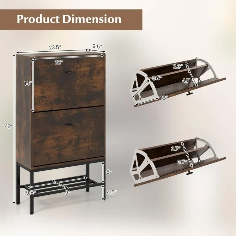 Rustic Wooden Shoe Storage Cabinet with 2 Flip Drawers for Entryway Organization - Image 2