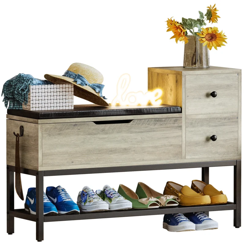 Modern Wooden Entryway Bench with Storage Drawers and Shoe Rack - Image 8