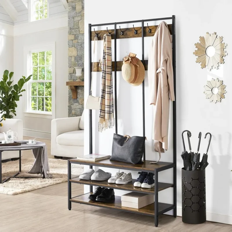 Industrial Hall Tree with Bench and 24 Hooks for Entryway Organization - Image 2