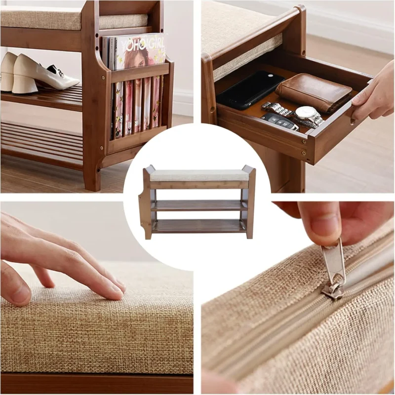 Bamboo Entryway Bench with Cushion Storage Drawer and Shoe Rack for Living Room - Image 5