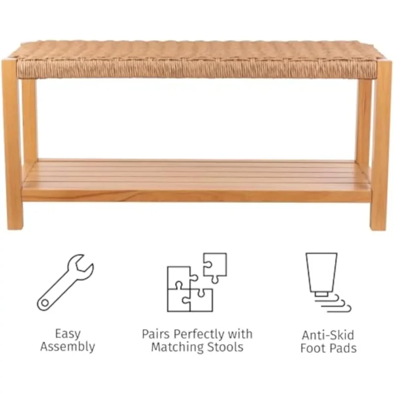 Modern Rustic Woven Rope Entryway Bench with Storage Shelf for Bedroom and Living Room - Image 5