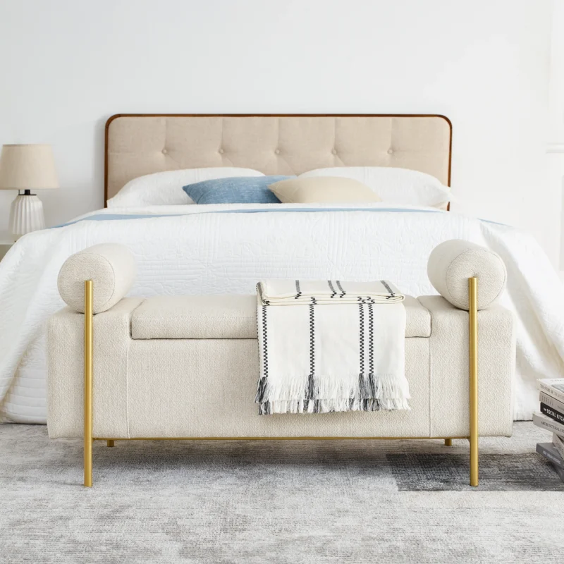 Modern Upholstered Linen Storage Bench with Cylindrical Arms for Entryway and Living Room - Image 3