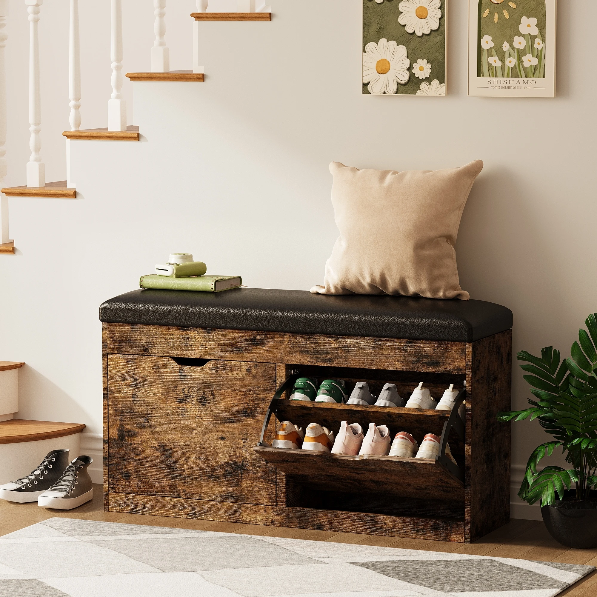 Modern entryway vignette with bench, minimal accessories and strategic lighting