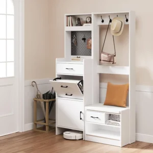 Modern Hall Tree Entryway Bench with Coat Rack and Hidden Shoe Storage