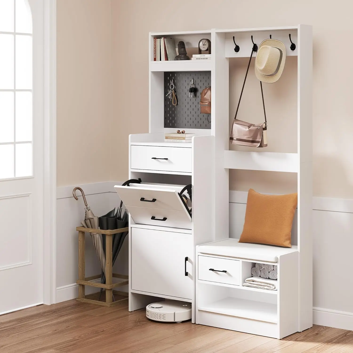 Modern hall tree with entryway bench, coat rack and shoe storage for complete entryway organization