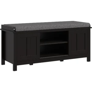 Modern Black Engineered Wood Entryway Bench with Sliding Door Shoe Storage for Hallway