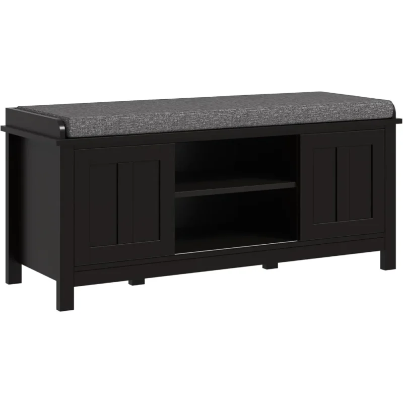Modern Black Engineered Wood Entryway Bench with Sliding Door Shoe Storage for Hallway