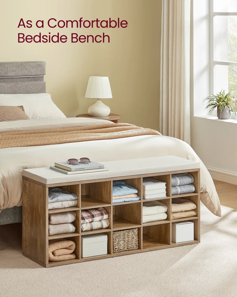 Modern Wooden Entryway Bench with Padded Seat and 15 Shoe Compartments - Image 4