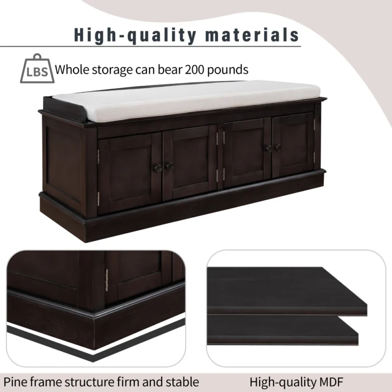 Espresso Wood Entryway Shoe Storage Bench with 4 Doors and Cushioned Seat - Image 4