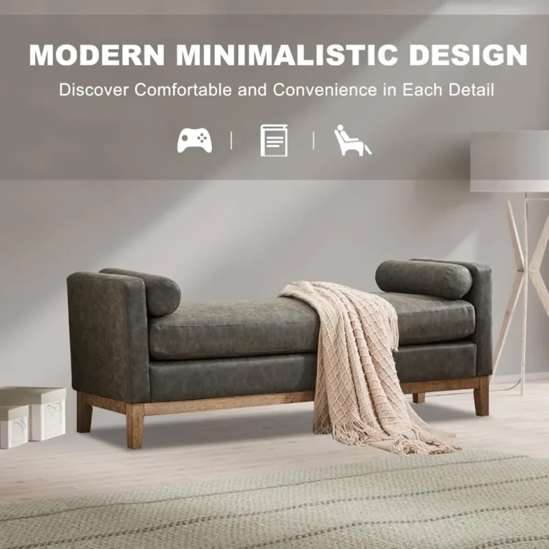 Modern Grey Upholstered Entryway Bench with Bolster Pillows and Wood Legs - Image 6
