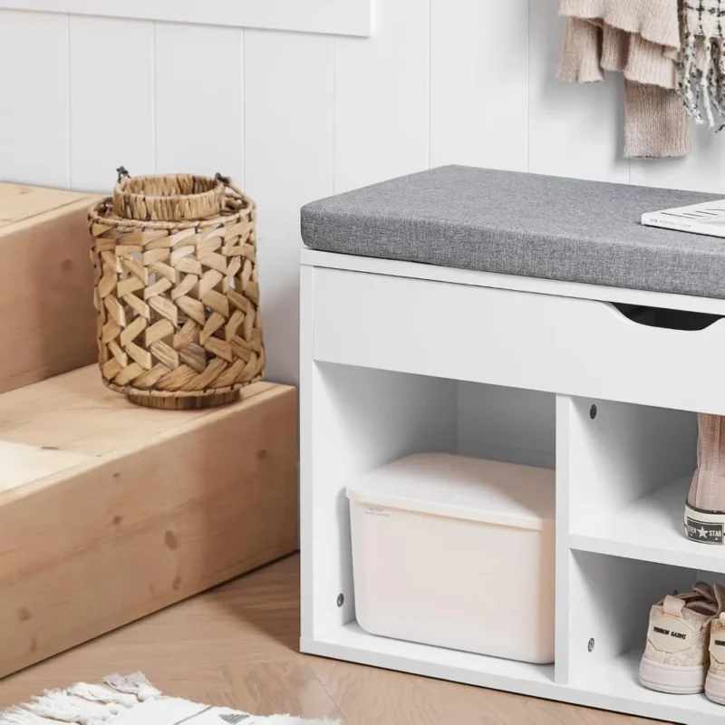Modern Grey Entryway Bench with Shoe Storage and Padded Cushion for Hallway - Image 6