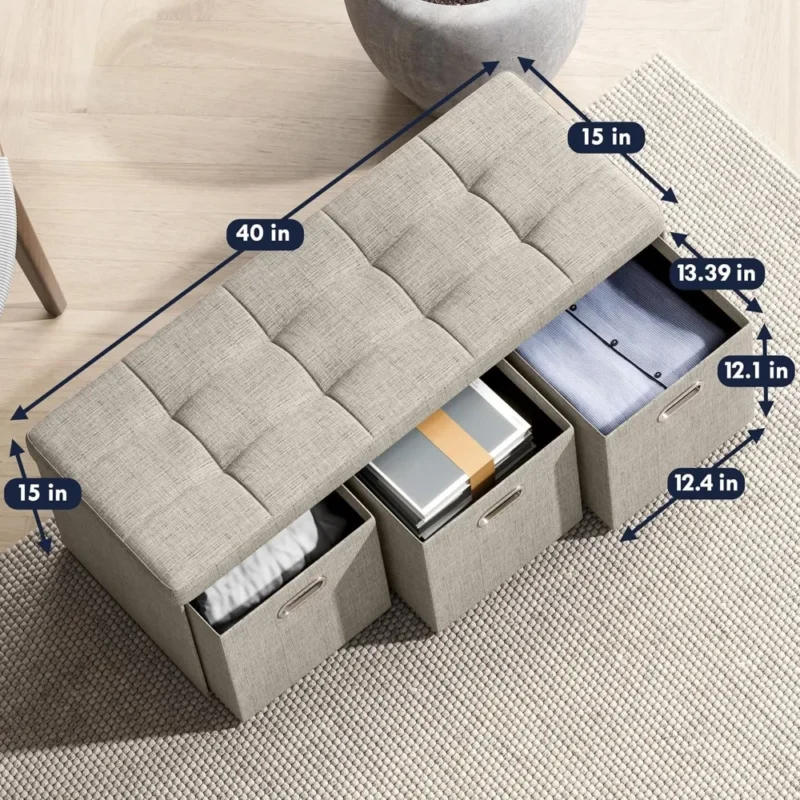 Modern Tufted Linen Storage Ottoman Bench with 3 Drawer Cubes for Living Room - Image 2