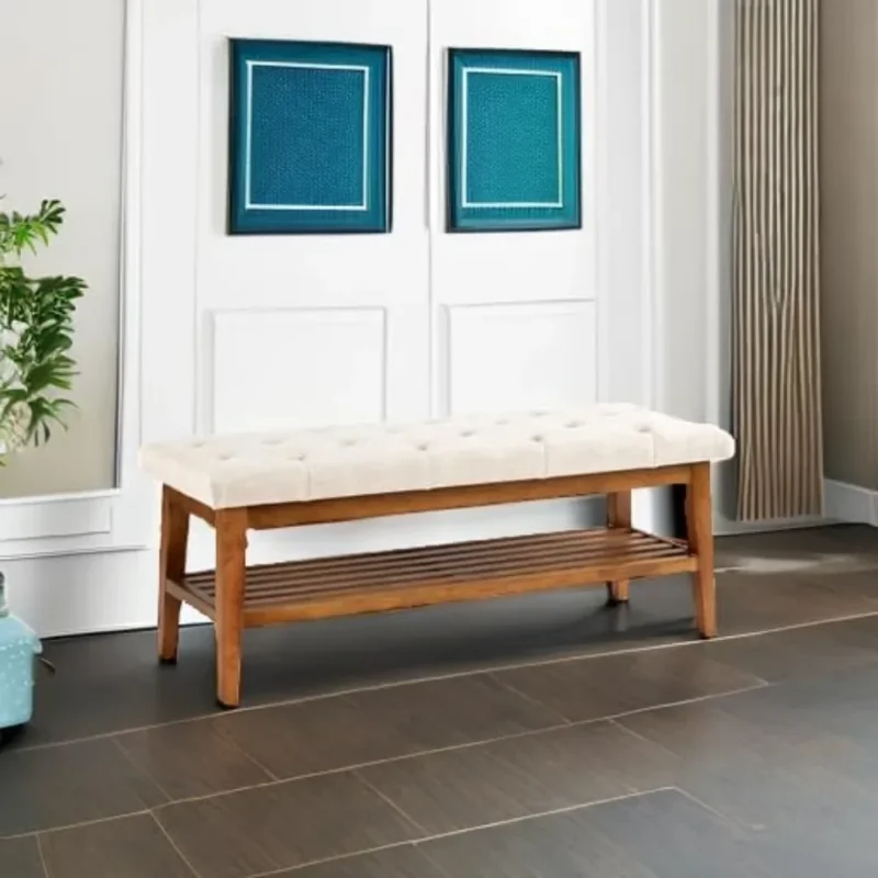 Modern Beige Upholstered Button-Tufted Entryway Bench with Wood Frame for Living Room - Image 5