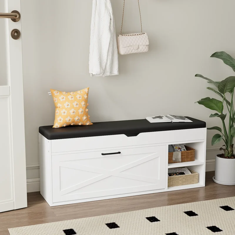 Modern 3-Compartment Entryway Shoe Bench with Flip Drawer for Hallway - Image 2
