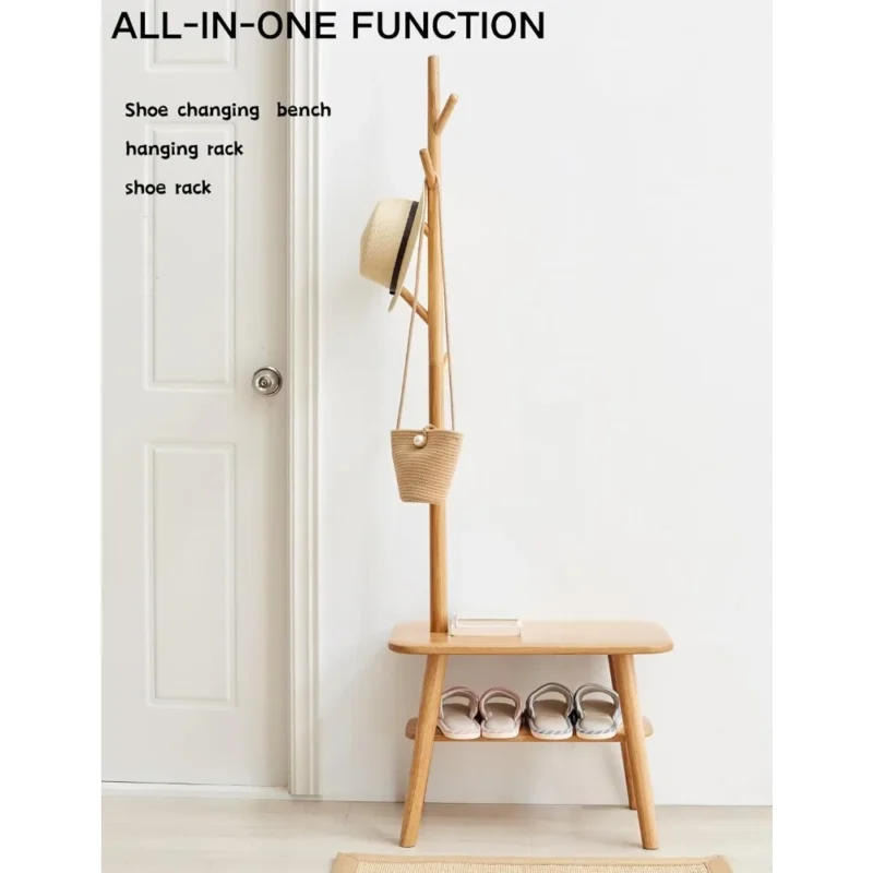 Modern Oak Hall Tree with Coat Rack and Shoe Storage for Entryway - Image 4