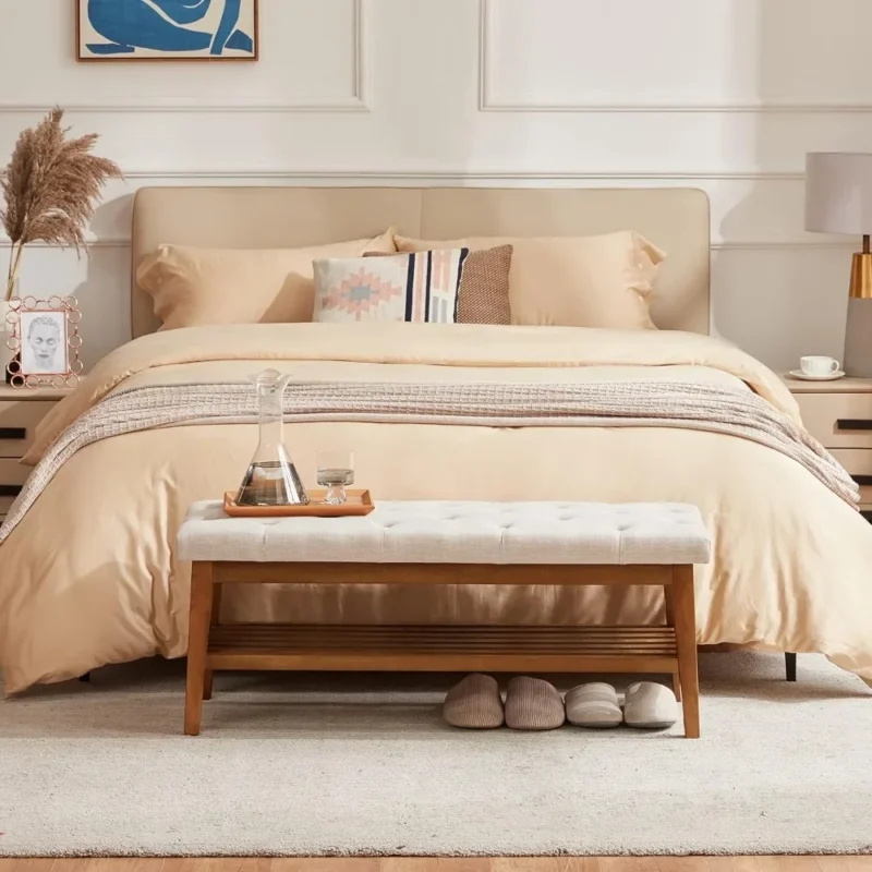 Modern Beige Upholstered Button-Tufted Entryway Bench with Wood Frame for Living Room - Image 4